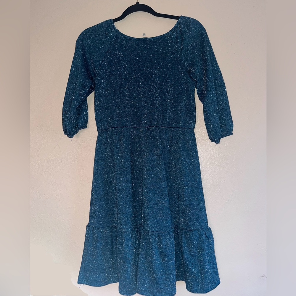 Teal-green sparkly dress, slightly above the knee, elastic waist